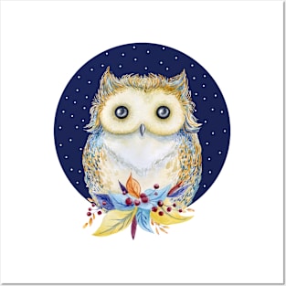 Cute Owl beige and blue Posters and Art